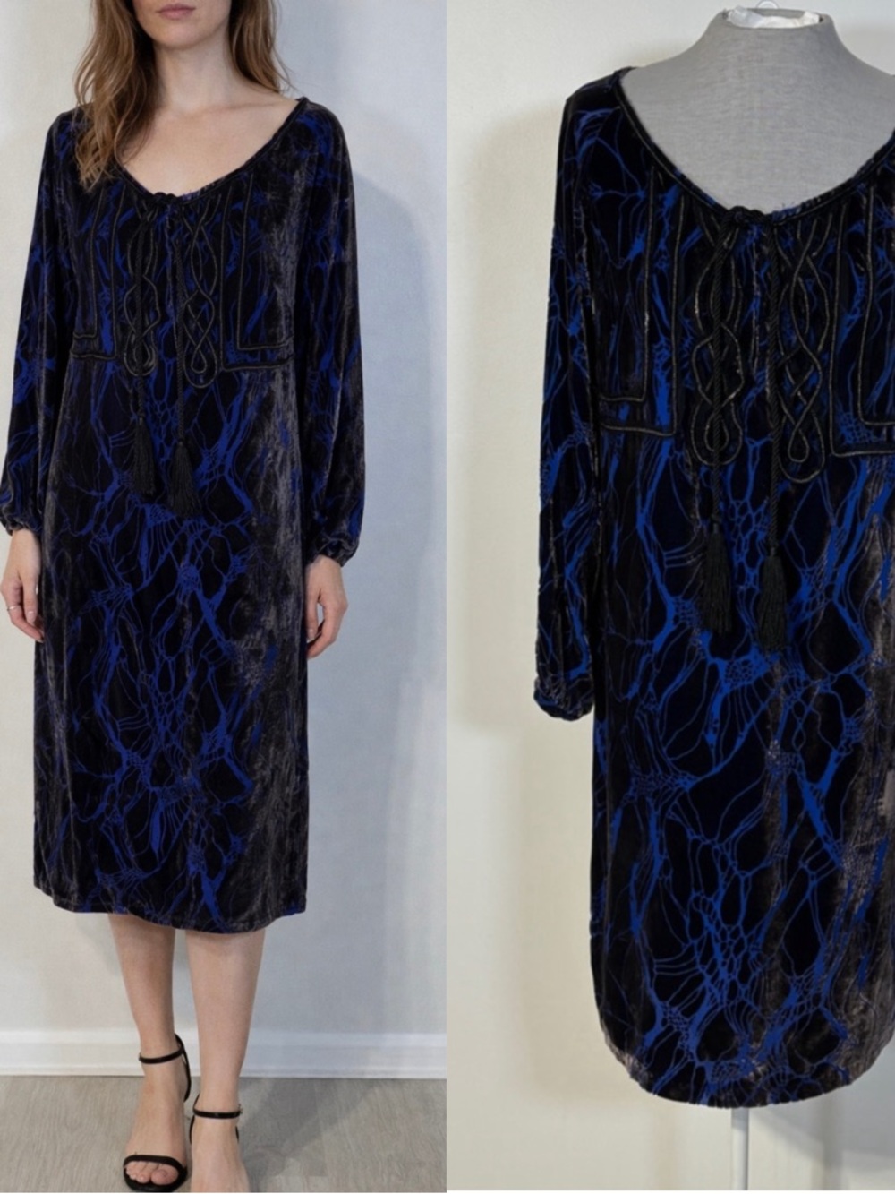 Antik Batik Dress Women’s Size XS Black Blue Velvet Flocked Embroidered Cocktail